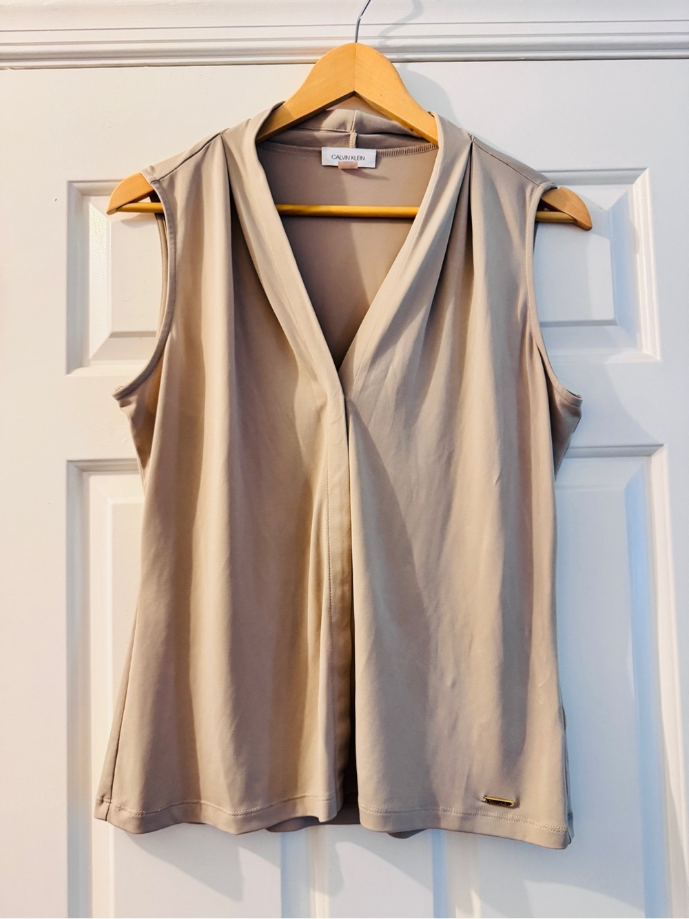 Calvin Klein Sleeveless V-Neck Blouse in Beige